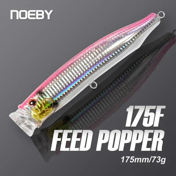 Noeby feed popper topwater fishing lure, pink and silver with holographic stripe