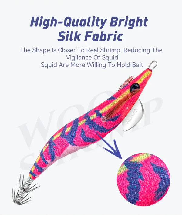 Pink and blue patterned squid jig lure with painted eye and silver tentacle hooks