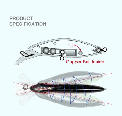 Slow-sinking minnow lure diagram showing copper ball weight inside and treble hook