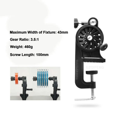 Fishing line winder with black clamp body, crank handle, and mounting screw
