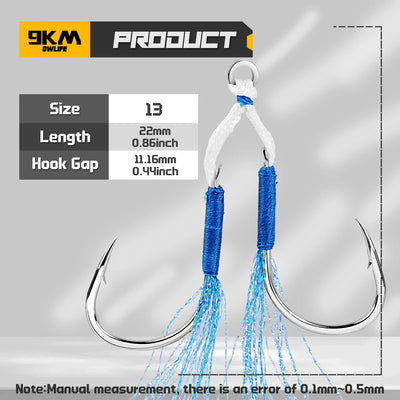 Blue feather assist fishing hooks with steel-core cord and solid rings, size 13