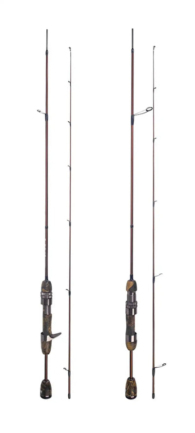 Two-piece fishing rod with line guides and reel seat, dark brown blank