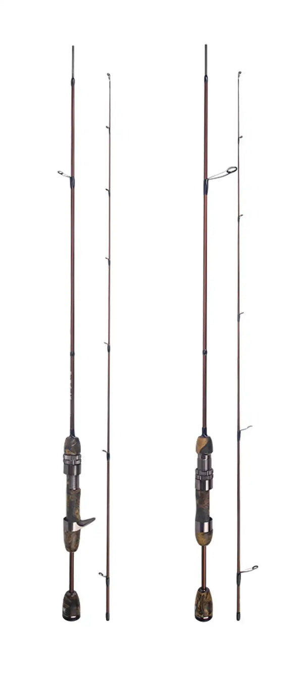 Two-piece fishing rod with line guides and reel seat, dark brown blank