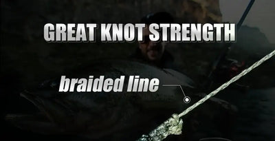 Braided fishing line with leader line and Great Knot Strength graphic.