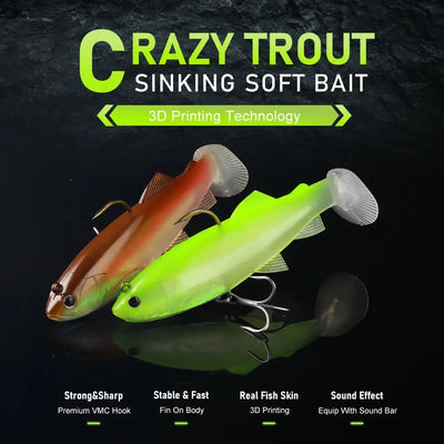 Neon green sinking soft swimbait with 3D molded texture and paddle tail