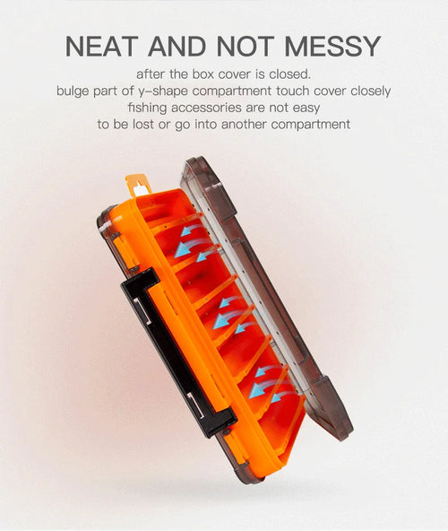 Orange double-sided tackle box with clear cover closed and latch secured