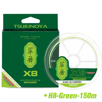 Green braided PE fishing line, 150m reel with H8 X8 branding