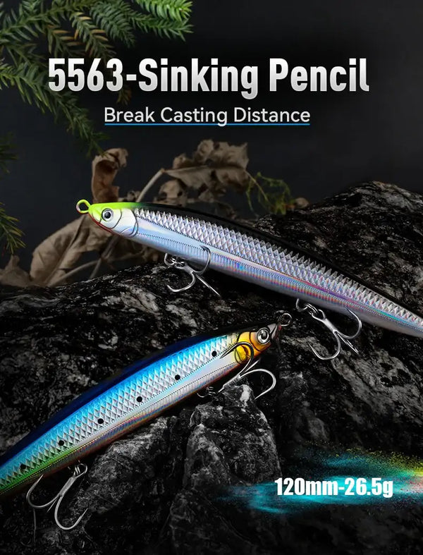 Sinking pencil fishing lure, blue-silver body with green head and black back; three treble hooks