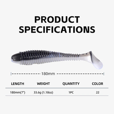 Gray-and-white silicone T-tail fishing lure, 180mm length