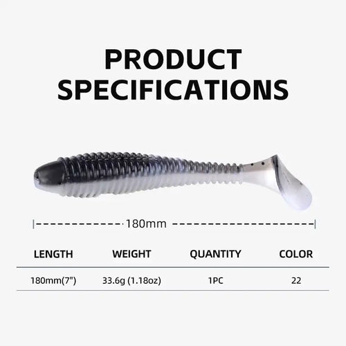 Gray-and-white silicone T-tail fishing lure, 180mm length