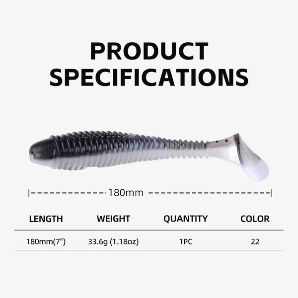 Gray-and-white silicone T-tail fishing lure, 180mm length