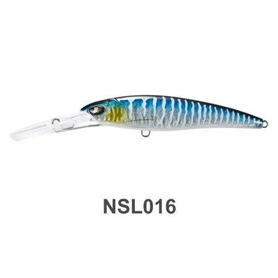Translucent blue minnow lure side view with treble hook, NSL016