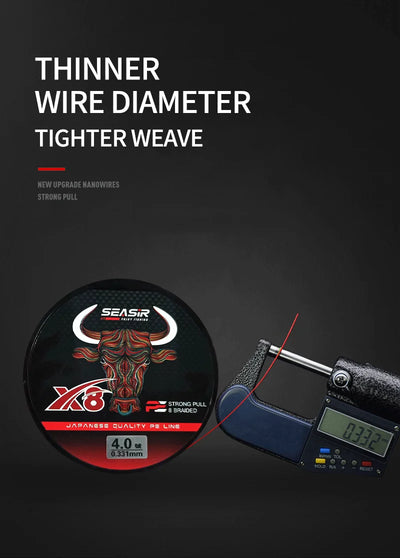 Braided fishing line spool labeled 4.0# with wire diameter testing tool