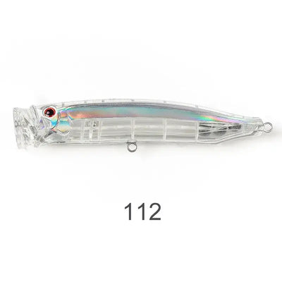 Iridescent clear topwater wobbler fishing lure with silver underside and single treble hook