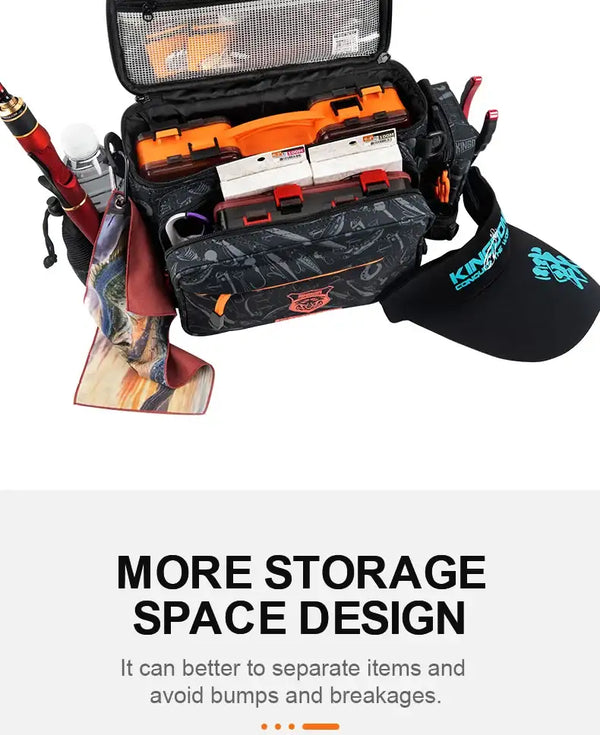 Black tackle bag open showing orange lure boxes and front accessory pockets