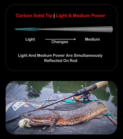 Carbon fishing rod blank illustrating light-to-medium power with a treble-lure setup