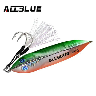 Metal jigging spoon with green-to-orange gradient body, silver feather tail, and treble hooks.