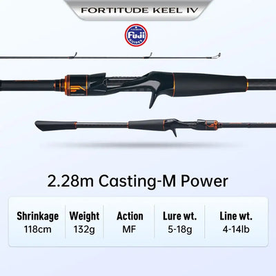 2.28m casting M power fishing rod, black blank with orange accents and Fuji badge