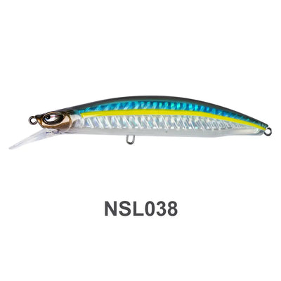 Floating minnow jerkbait with translucent blue body, green top stripe, yellow accents