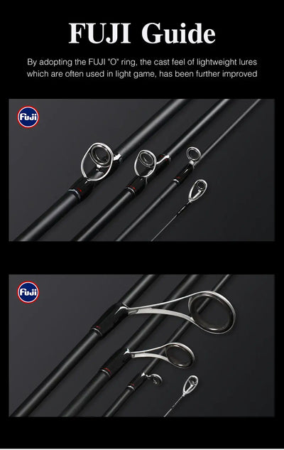 Fishing rod with FUJI 'O' ring line guides, black blank and red accent bands