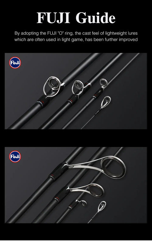 Fishing rod with FUJI 'O' ring line guides, black blank and red accent bands