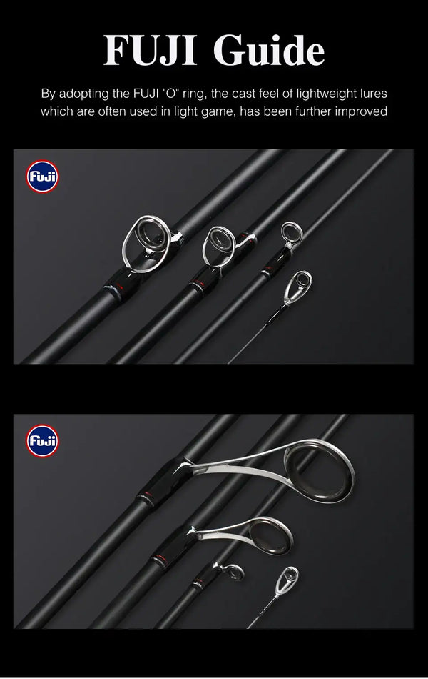 Fishing rod with FUJI 'O' ring line guides, black blank and red accent bands