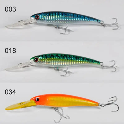 Trolling minnow wobbler 3-pack with blue, teal-green, and orange-yellow lures
