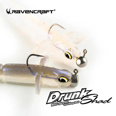 Transparent translucent RAVENCRAFT Drunk Shad soft shakier lure with yellow black eyes and silver jig head hook
