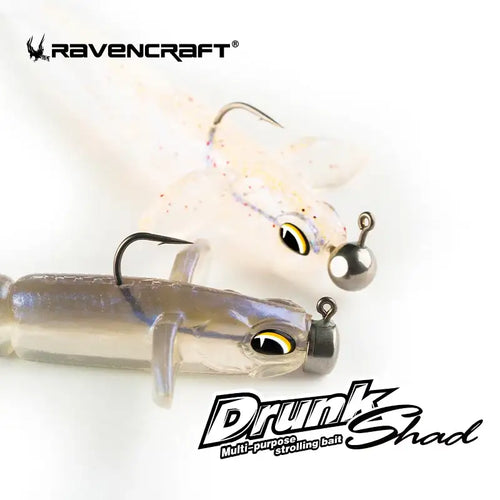 Transparent translucent RAVENCRAFT Drunk Shad soft shakier lure with yellow black eyes and silver jig head hook