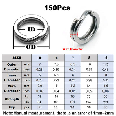 150-piece silver split rings set, size chart showing inside and outside diameter