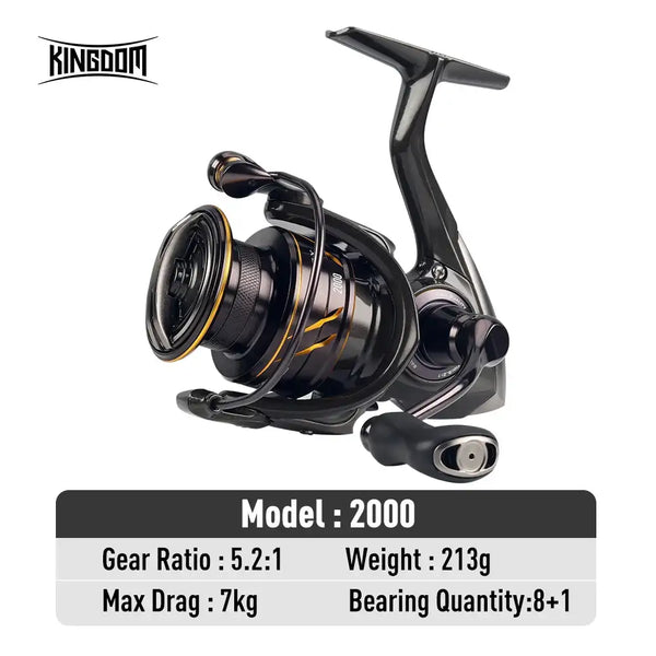 Black spinning reel with gold accents, fixed spool, curved handle and bail
