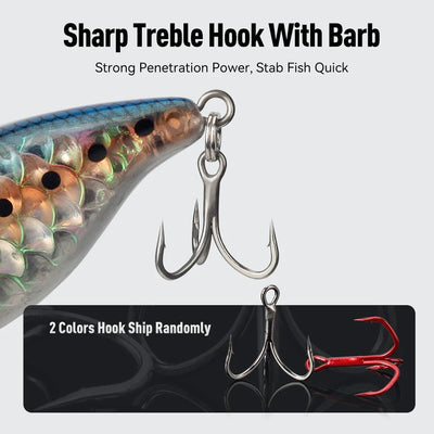 Sinking minnow crankbait with silver treble hook and barb, metal split ring