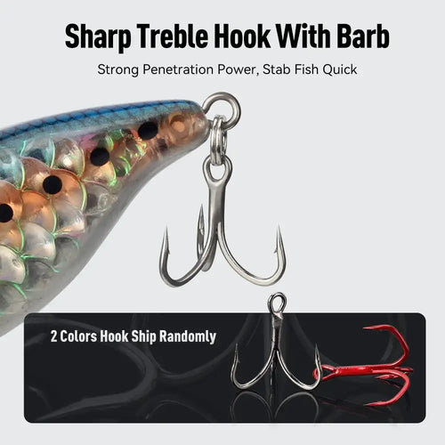 Sinking minnow crankbait with silver treble hook and barb, metal split ring