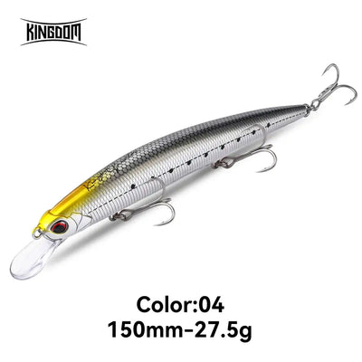 Floating minnow fishing lure, silver and yellow head with speckled scales, 150mm-27.5g