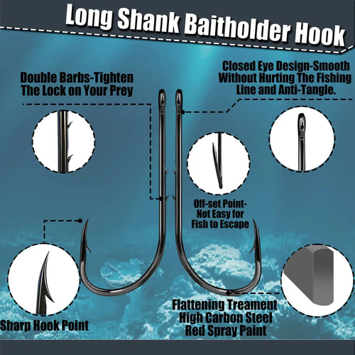 Long shank baitholder fishing hook with smooth eye and double barbed point