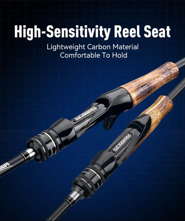Fishing rod reel seat with dark grips and wooden handle, side view