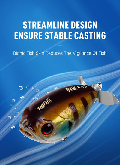 Topwater floating lure with red eyes, black-gold body, and silver treble hooks