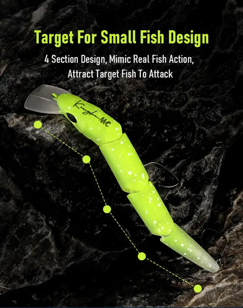 Lime green minnow crankbait lure with white belly and black eye, angled with trailing lines
