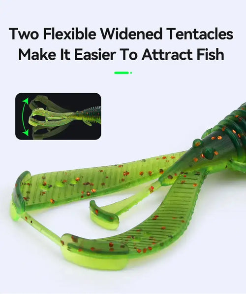 Green translucent shrimp soft lure with two flexible widened tentacles and red specks