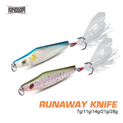 Metal jig fishing lure set with feather treble hooks, blue-white and green-pink colors