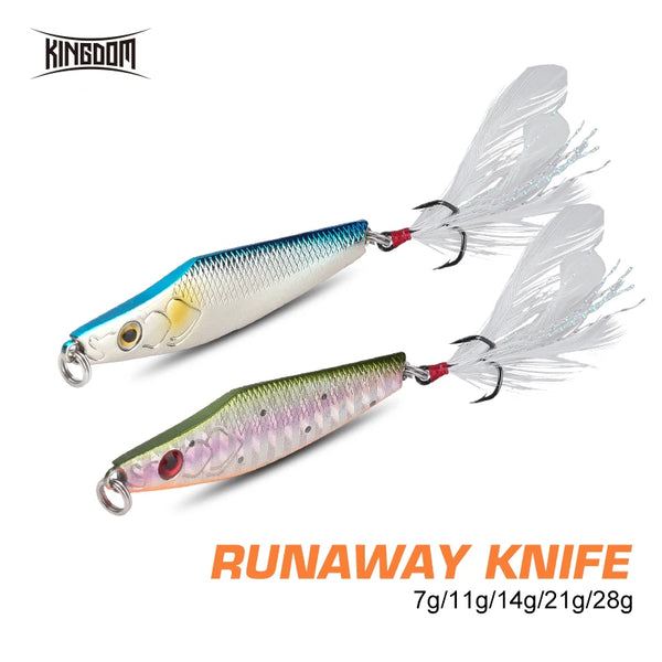 Metal jig fishing lure set with feather treble hooks, blue-white and green-pink colors