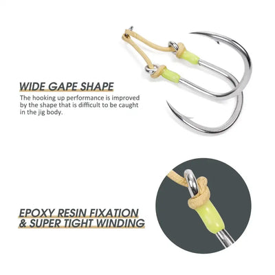 Wide gap twin assist fishing jig hooks with bright tin finish and yellow-green beads