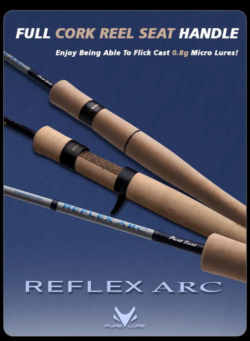 Fishing rod with full cork reel seat handle and black guide wraps, side-by-side view