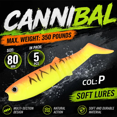 Orange to yellow paddle tail swimbait with black fin markings, soft lifelike body.
