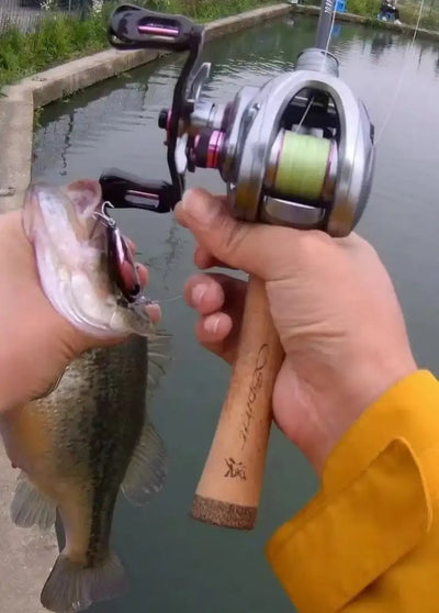 Micro minnow lure held in hand next to a caught fish