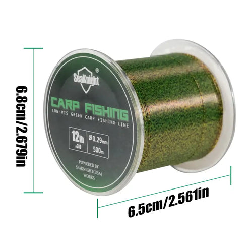 Green carp fishing line spool, 6.5 cm width and 6.8 cm reel size shown