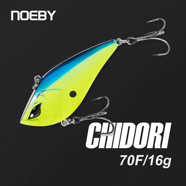 Lipless crankbait lure in blue and neon yellow with black eye and treble hooks