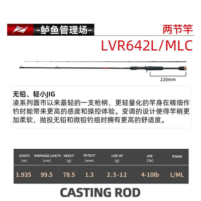 Casting fishing rod with dark gray blank, black handle, and line guide rings