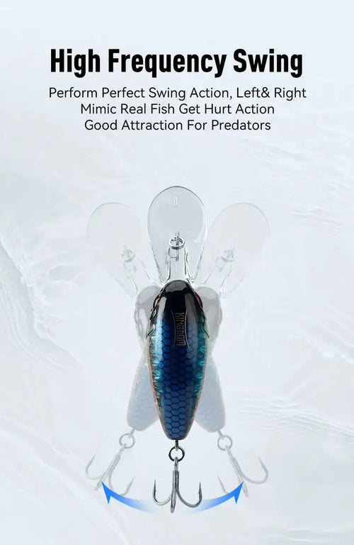 Floating crankbait minnow lure, blue patterned body with split rings and treble hooks