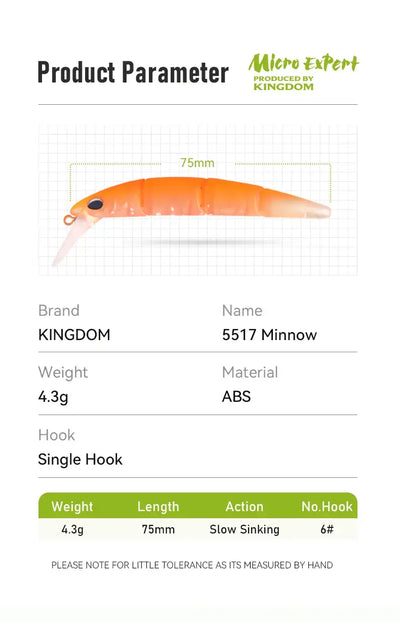 75mm 4.3g KINGDOM Kingdom 4 Section minnow crankbait, slow sinking, single hook